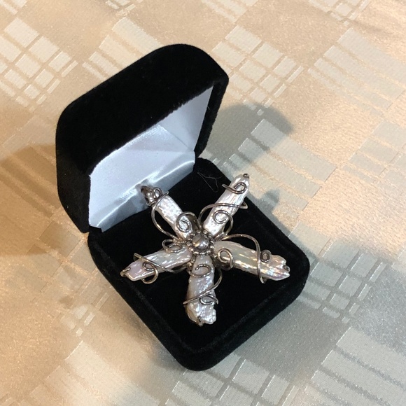Huge Biwa Pearl Sterling Silver Flower Cocktail Ring  / Israeli Artist - sz 7 - Picture 1 of 13